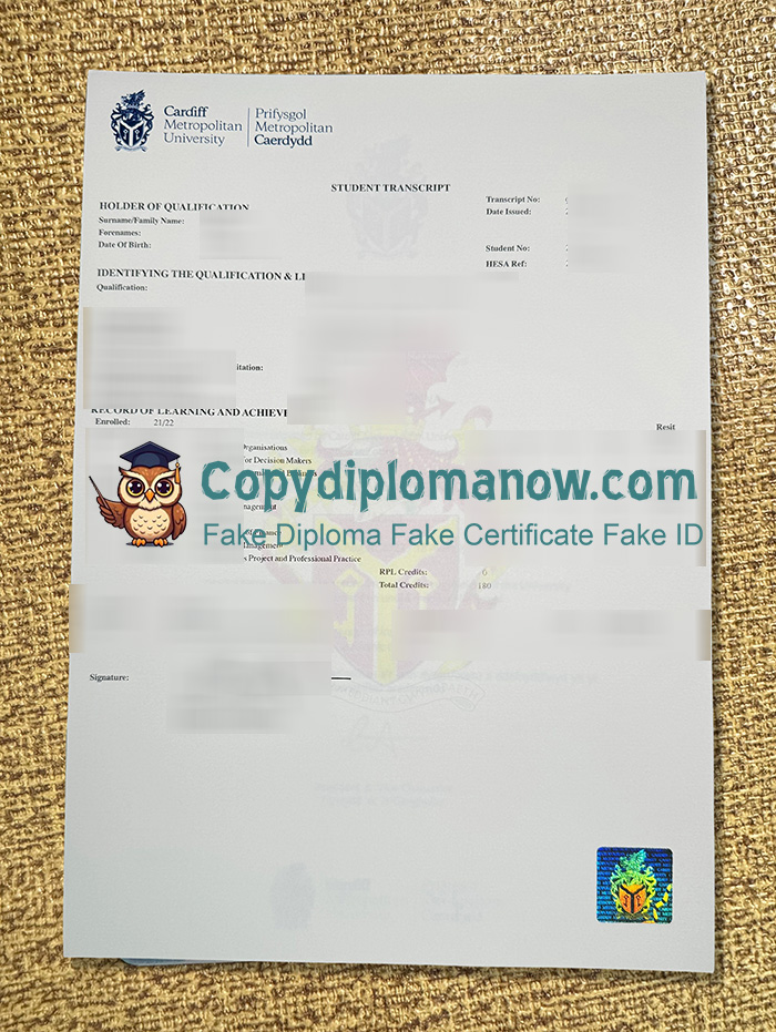 Cardiff Metropolitan University Transcript