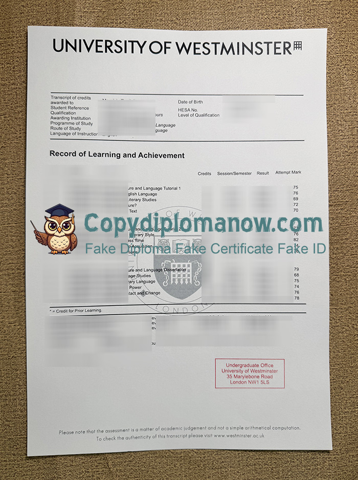 University of Westminster Transcript