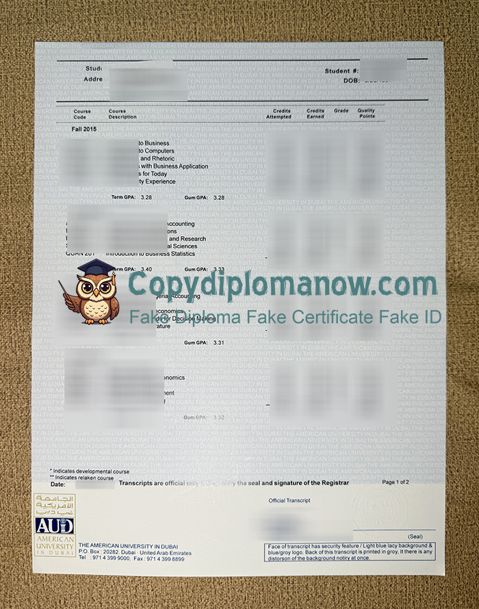 American University in Dubai Transcript, AUD Transcript
