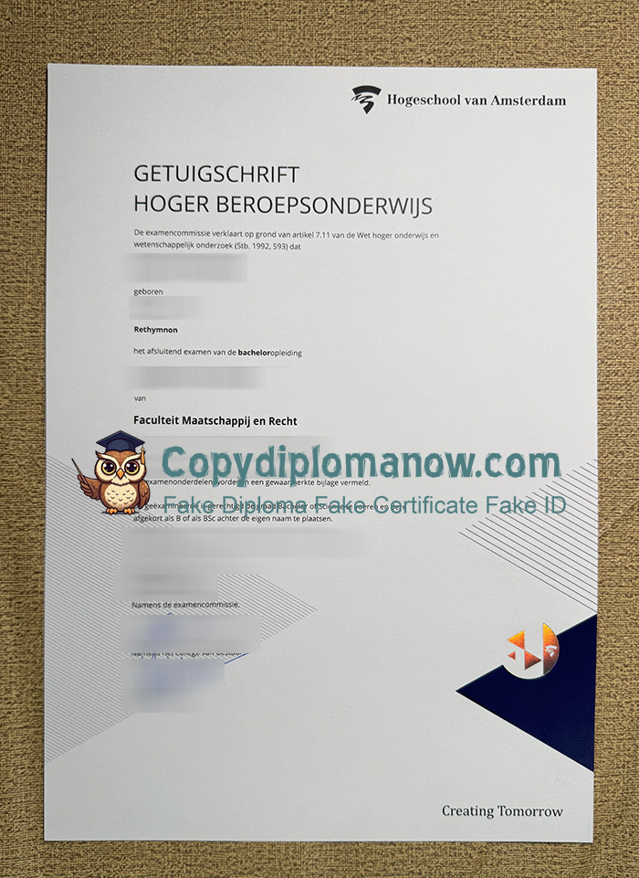 Hogeschool van Amsterdam Getuigschrift