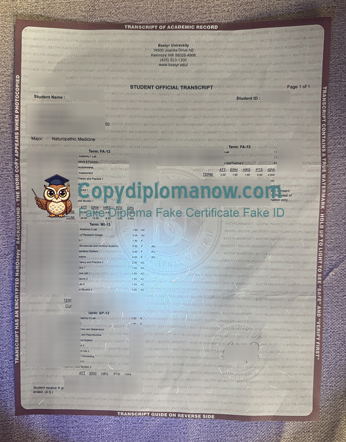 Bastyr University Transcript Fluorescent anti-counterfeiting