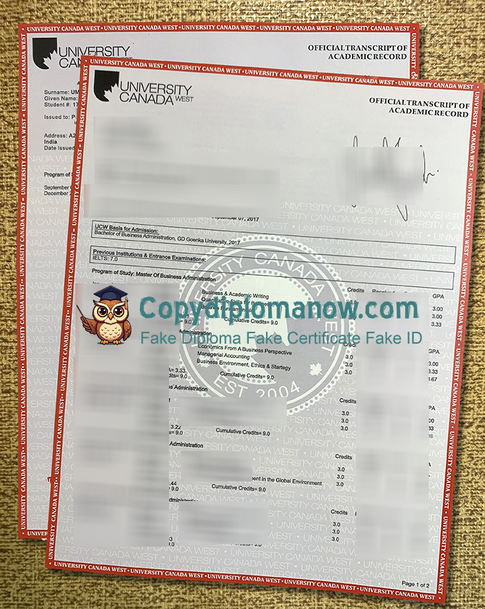 University Canada West Transcript, UCW Transcript