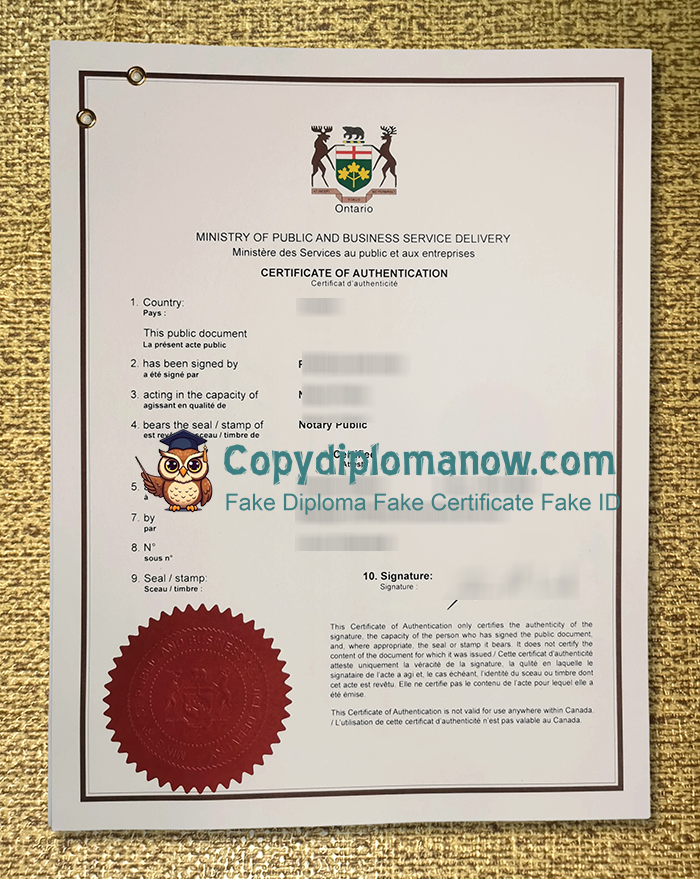Ontario Certificate of Authentication
