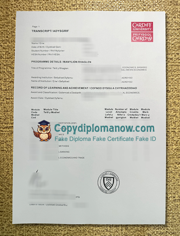 Cardiff University Transcript, Prifysgol Caerdydd Transcript