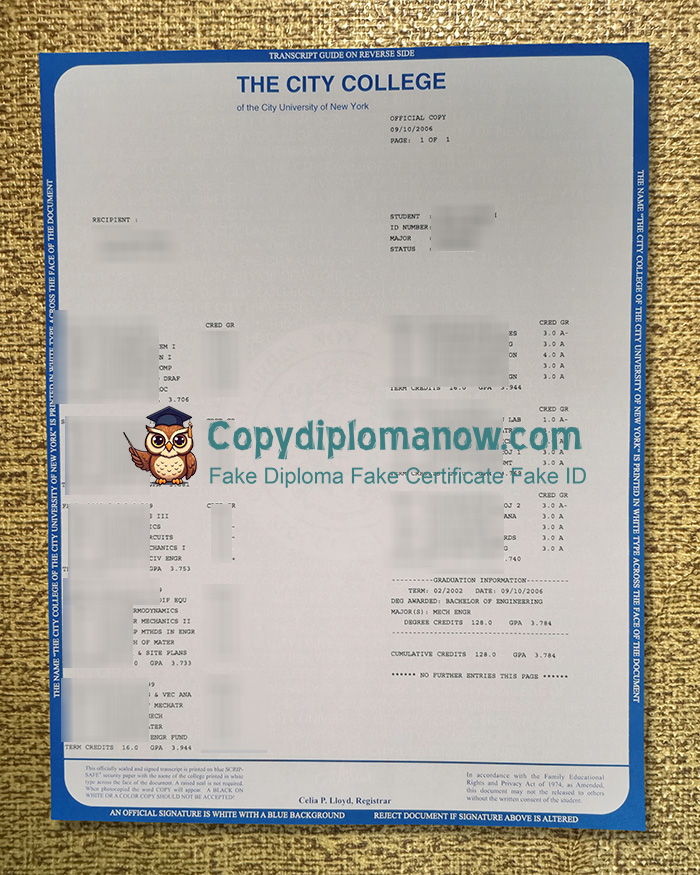 City College of New York Transcript