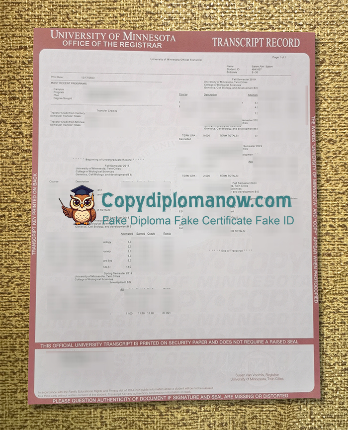 University of Minnesota Transcript