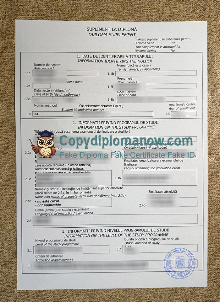 UUniversitatea din Bucureşti Diploma Supplement, University of Bucharest Transcript